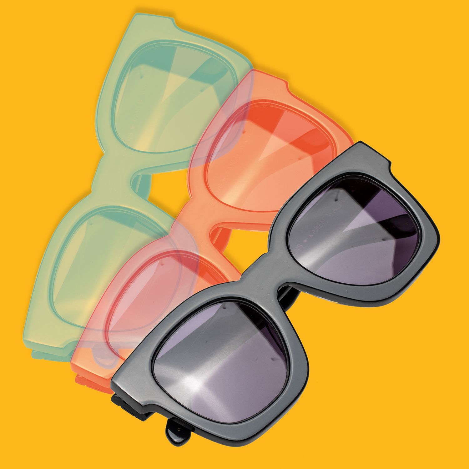 Illustration of three colorful wayfarer sunglasses in mint, coral and black on yellow background.