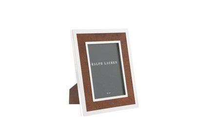 Ralph Lauren brown leather picture frame with silver border displayed on white background.