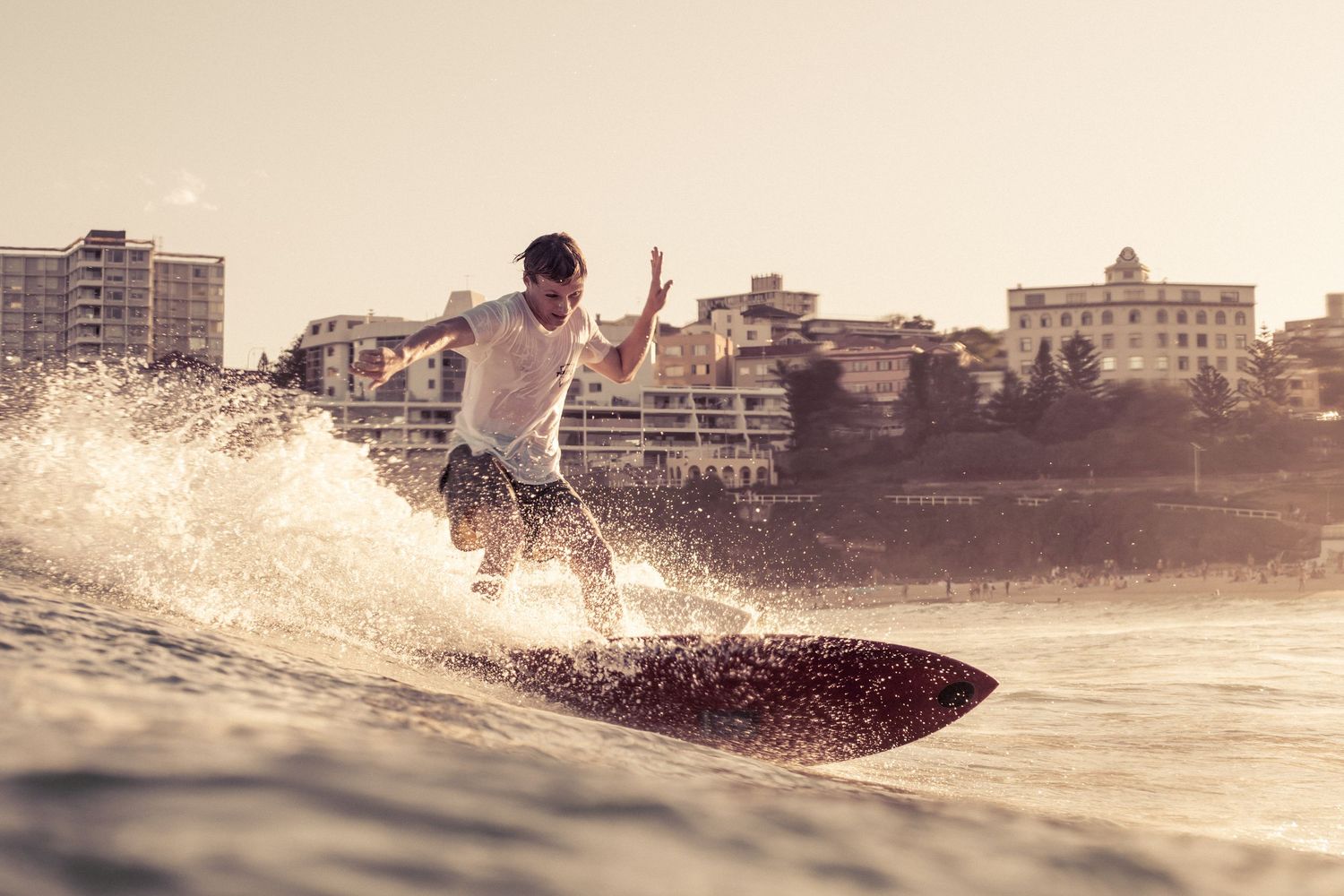 Male surfer riding wave on wooden surfboard near Bondi Beach at golden sunset hour.