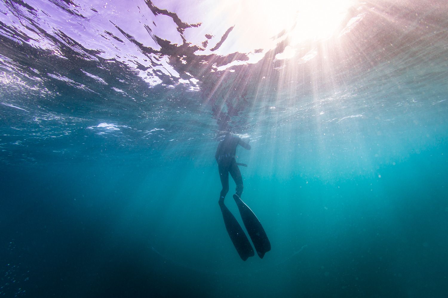 Freediver swimming underwater with sunrays piercing through the crystal clear blue ocean surface.