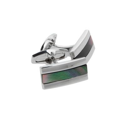 Silver rectangular cufflinks featuring iridescent mother-of-pearl inlay detail.