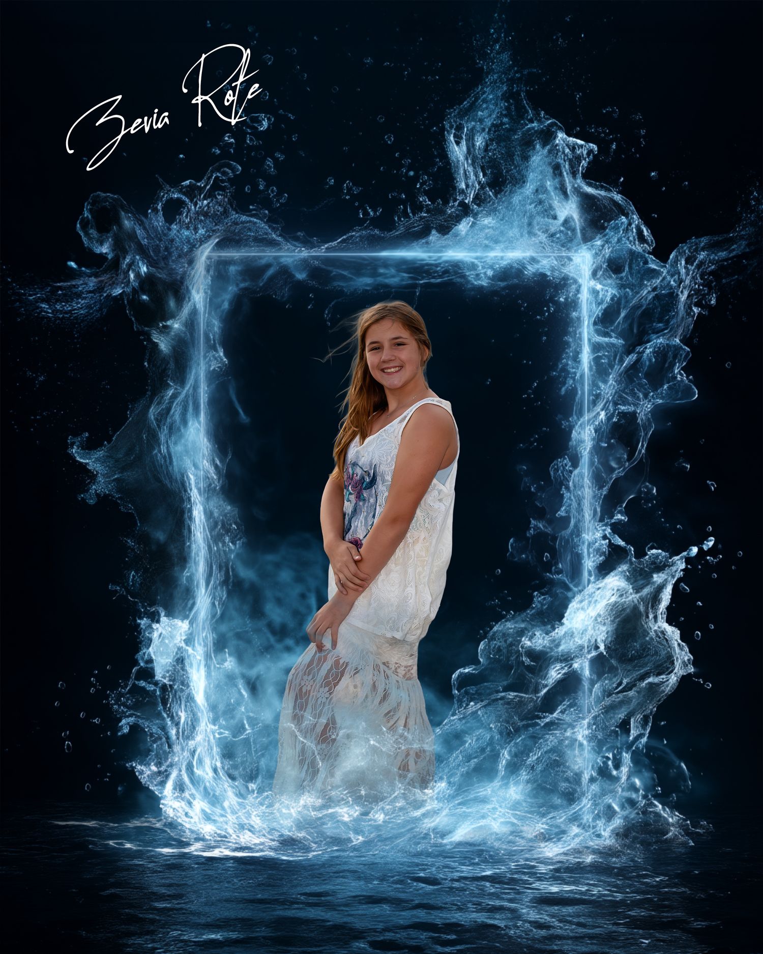 Creative water splash portrait against dark background with white dress.