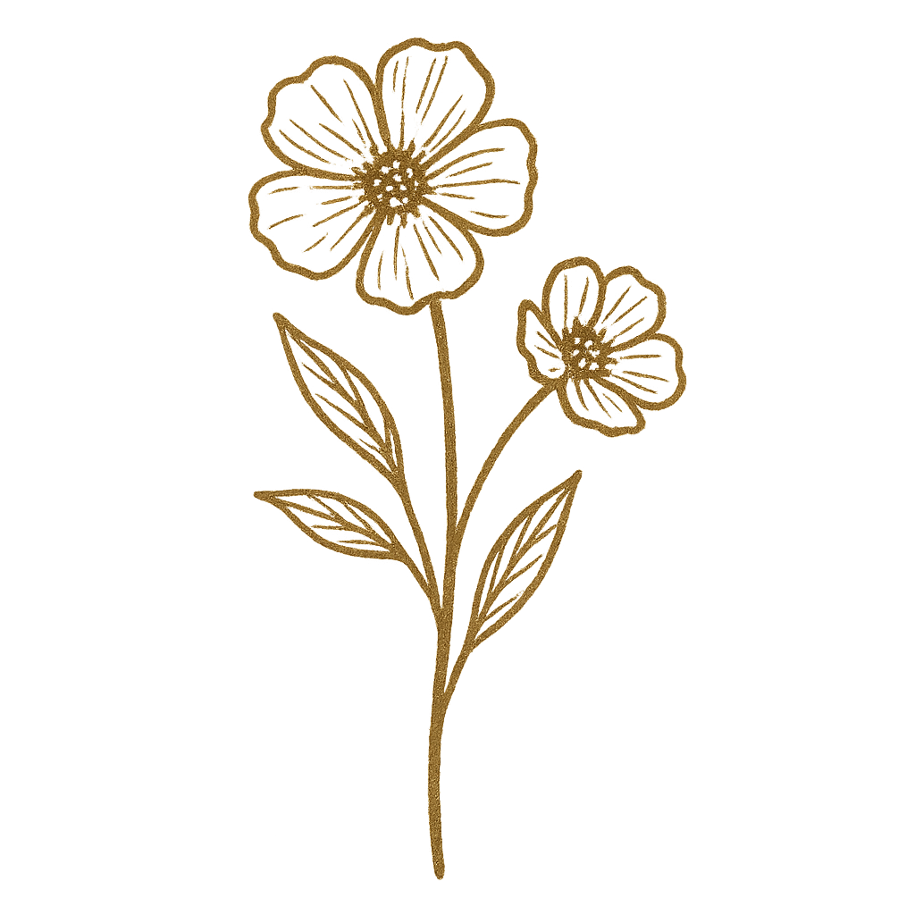 Simple line drawing of two delicate flowers with petals and leaves in golden brown color on a white background.