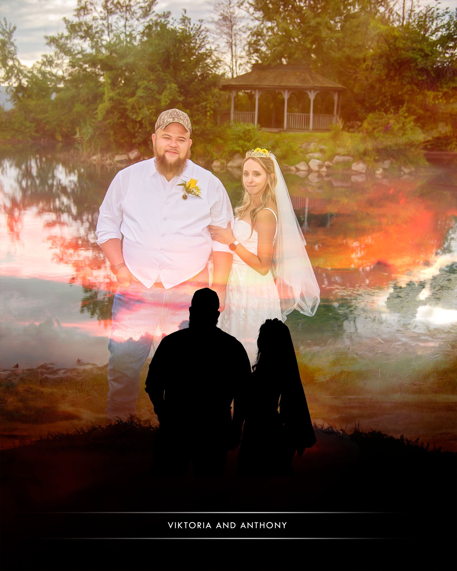 Artistic silhouette wedding photos at sunset with warm orange tones.