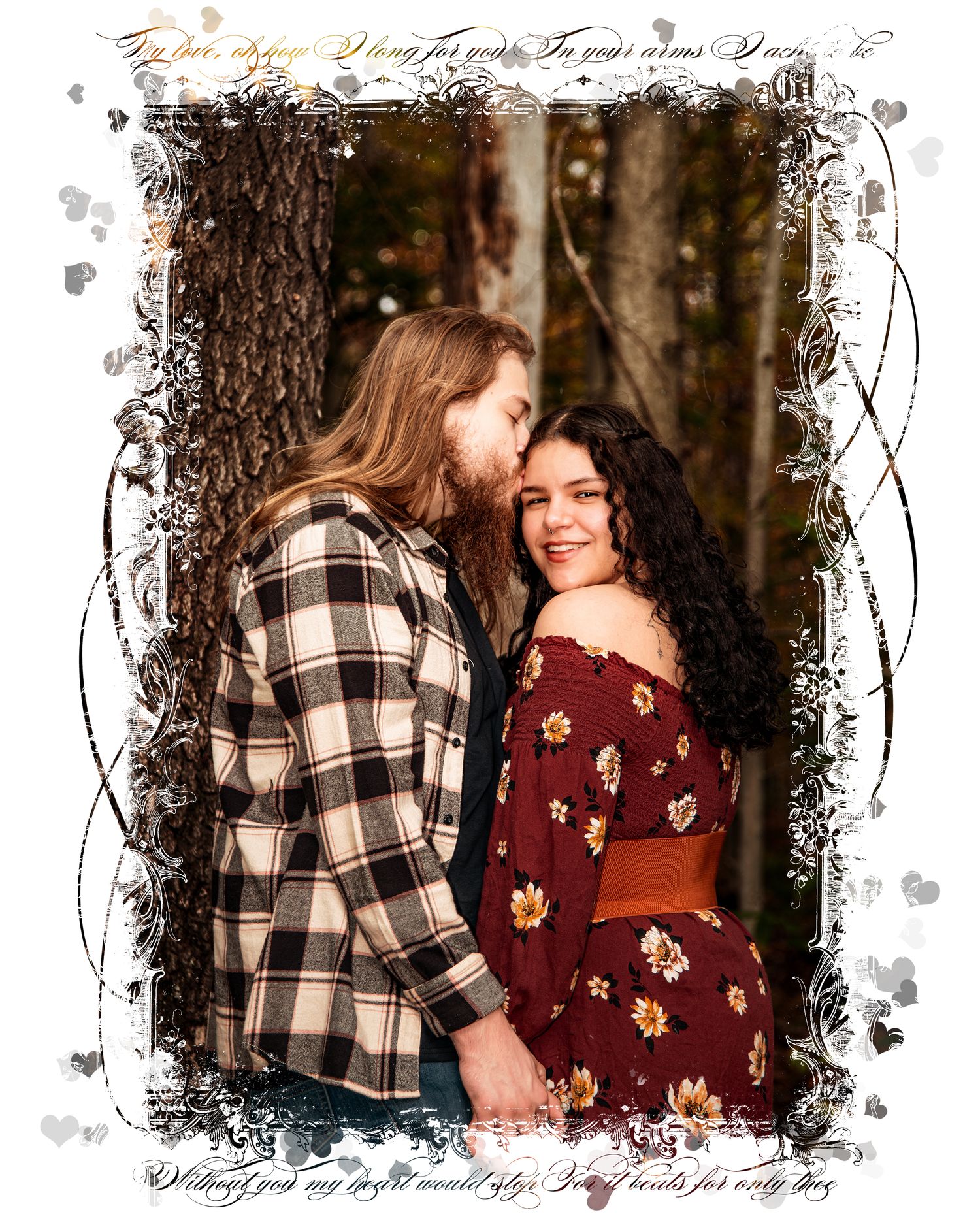 Couple in plaid and floral outfits sharing intimate moment with artistic frame effect.