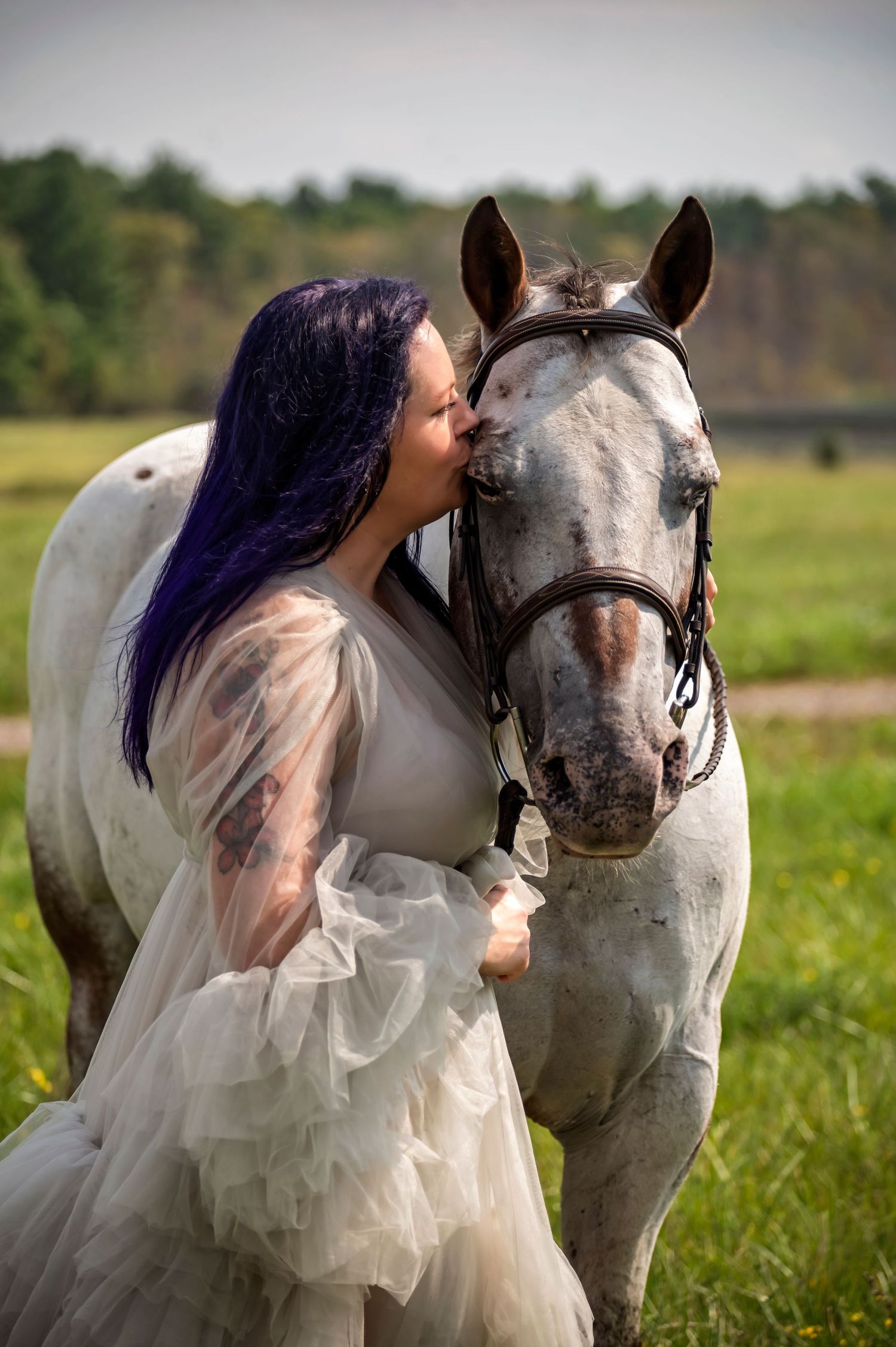 A white horse and flowing white dress create a romantic scene in a sunny meadow.