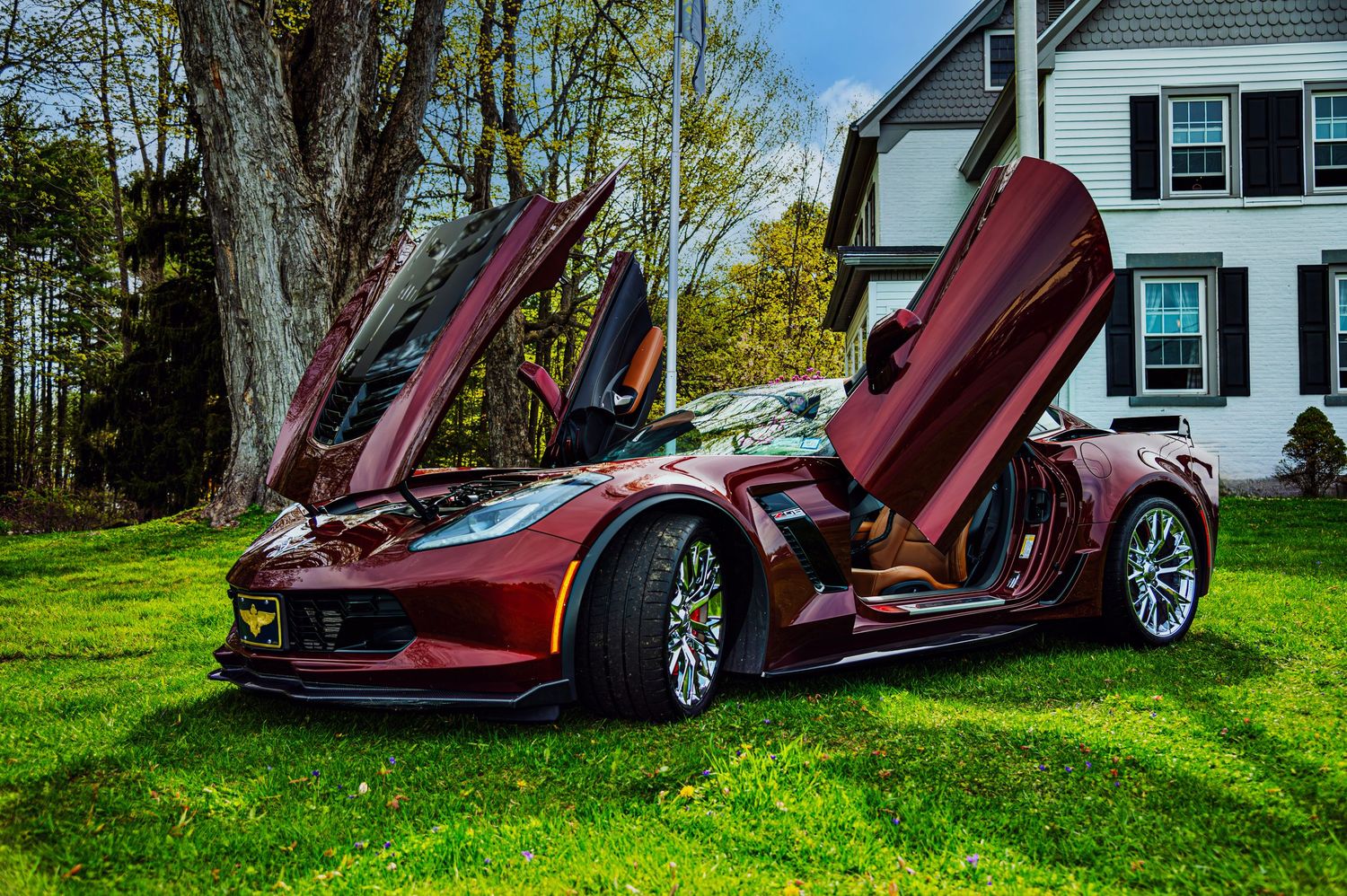 Sports car with open scissor doors displayed on residential lawn.