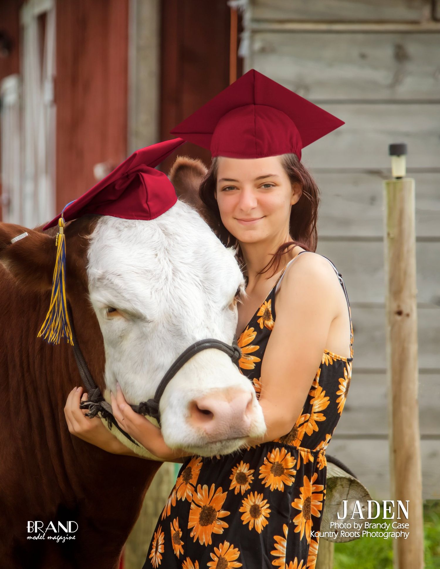 Portrait session with vintage wagon wheel and pink shirt in rural setting.