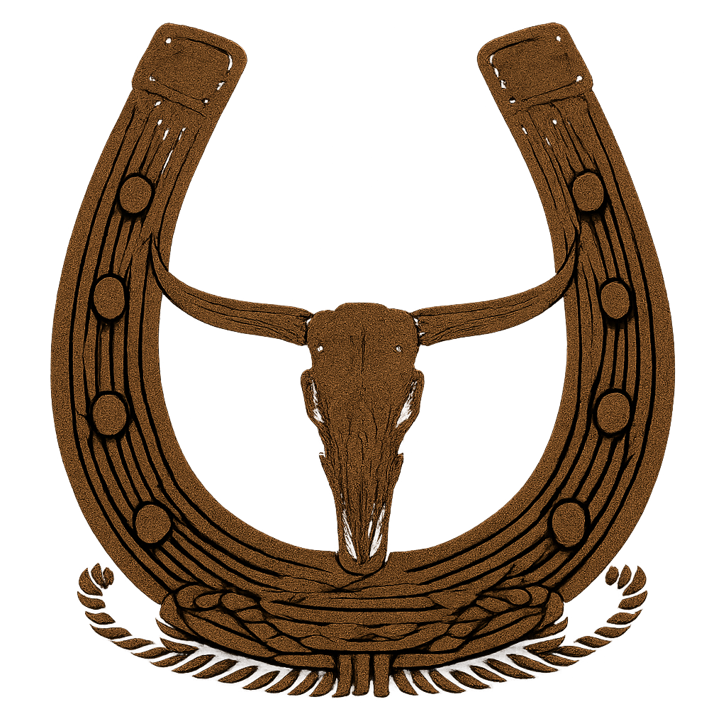 Western-style horseshoe design with longhorn skull and decorative leaf elements in brown silhouette.