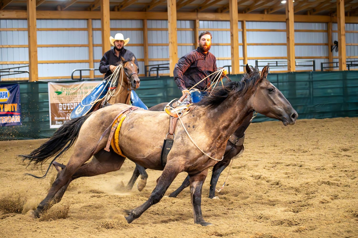Sequence of action shots showing horse and rider performing in sandy rodeo arena.