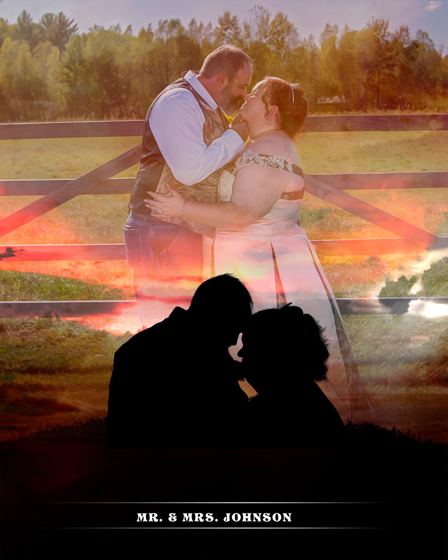A romantic silhouette of a couple dancing together at sunset with a dramatic orange sky in the background.