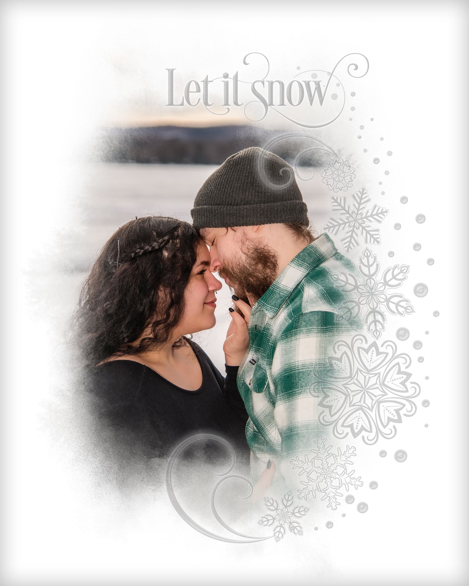 Romantic winter themed photo collage with snowflake decorations and soft vignette edges.