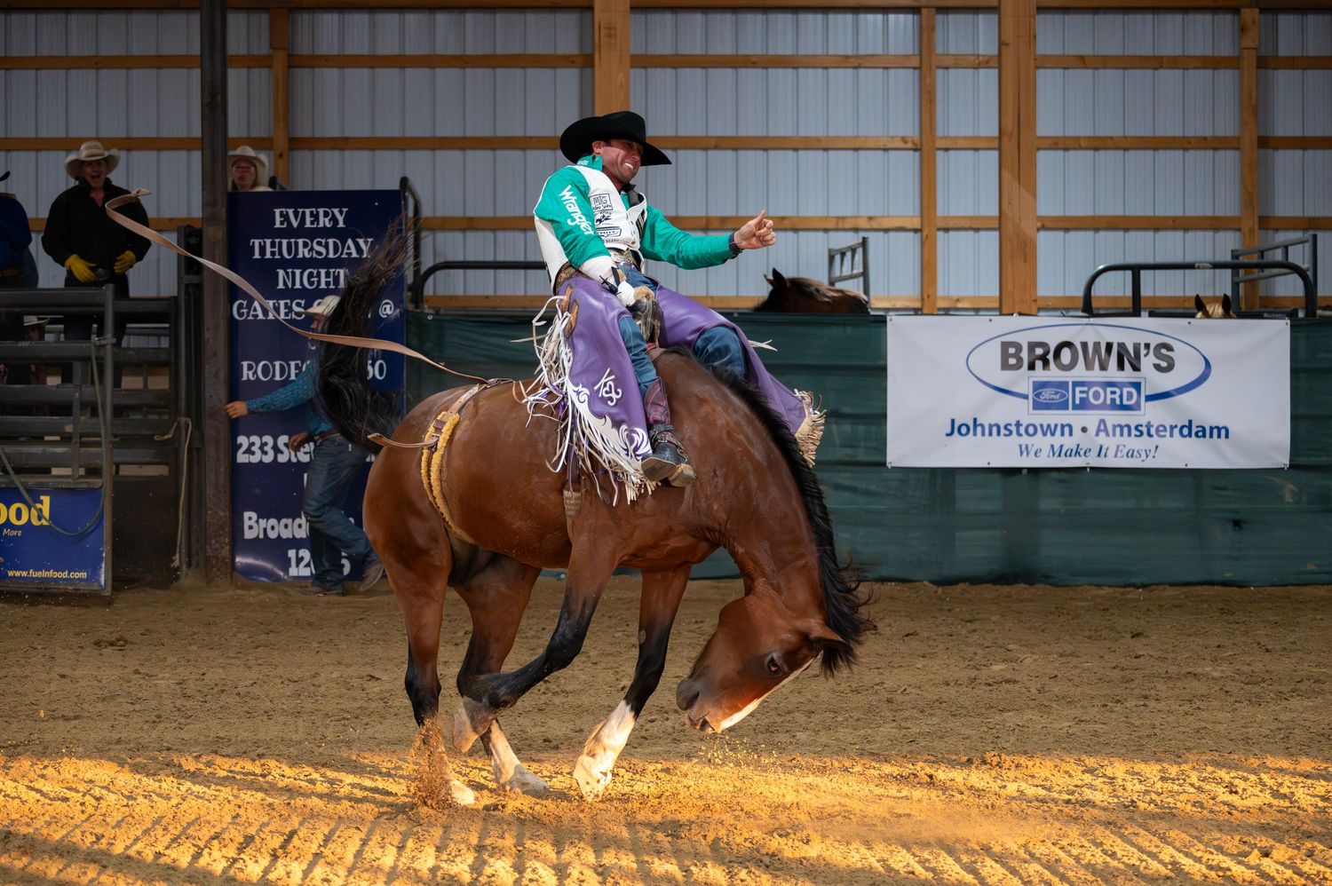 Colorful rodeo action sequence showing multiple riders competing in indoor arena.