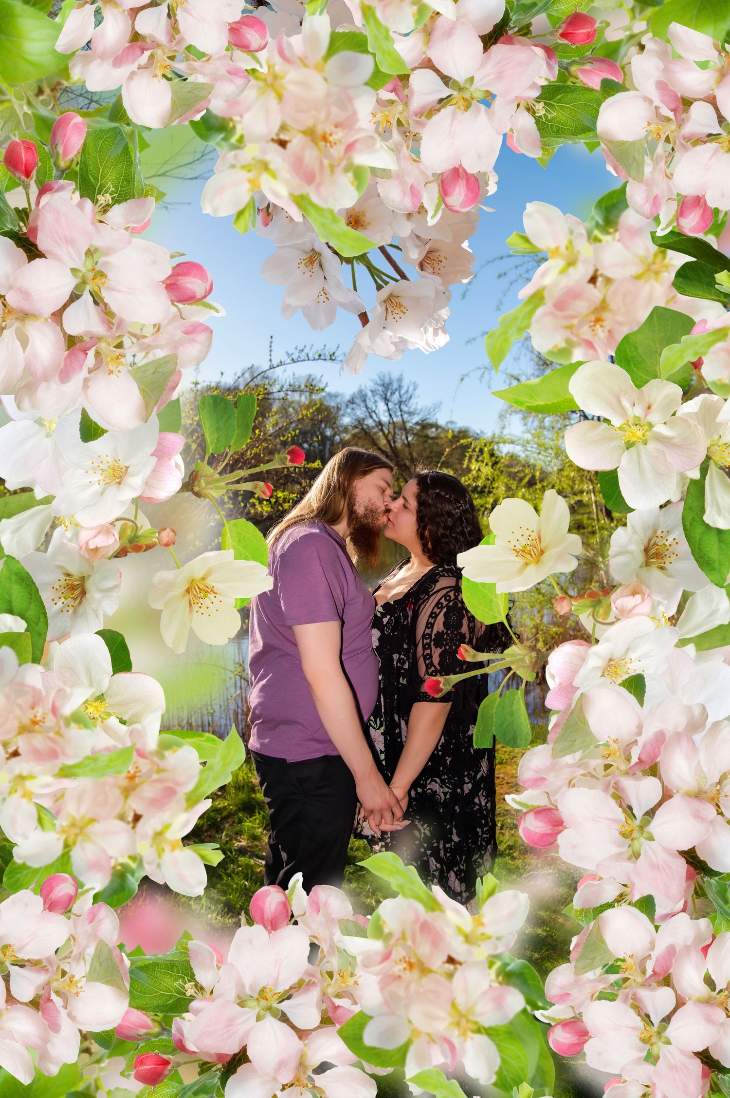 Wedding couple sharing intimate moments under blooming cherry blossoms in spring.