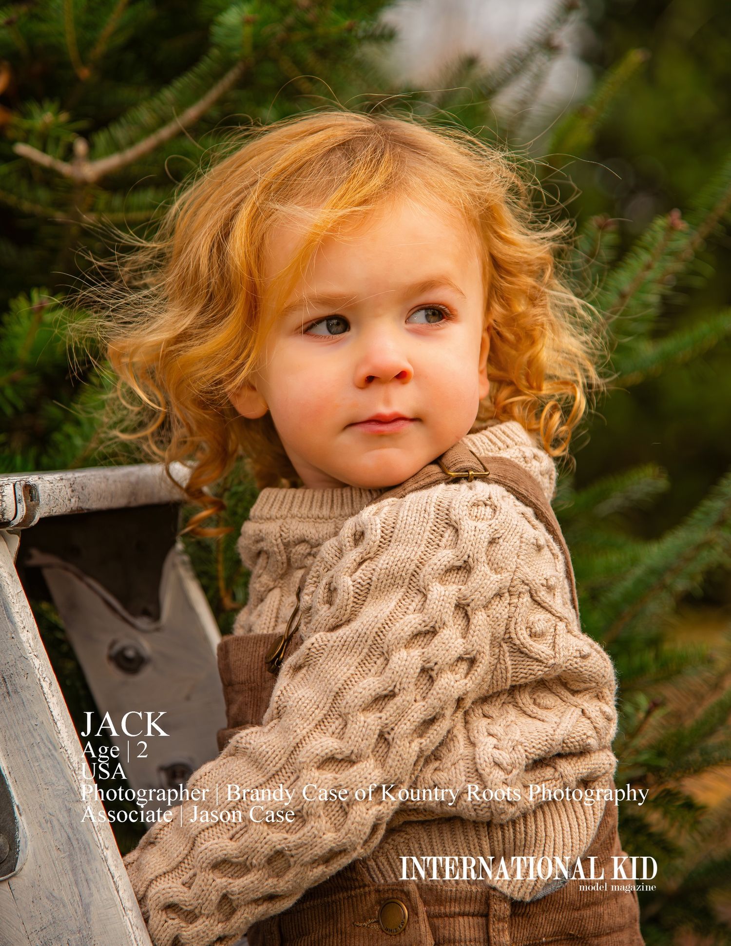 A young child wearing a knit sweater poses against an evergreen background.