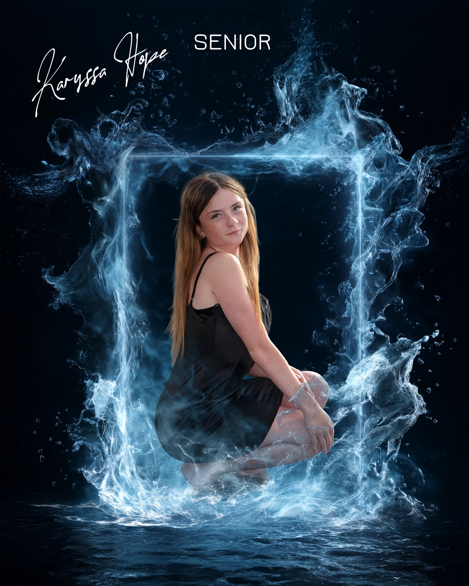 Artistic senior portrait with ethereal water splash effects against dark background.