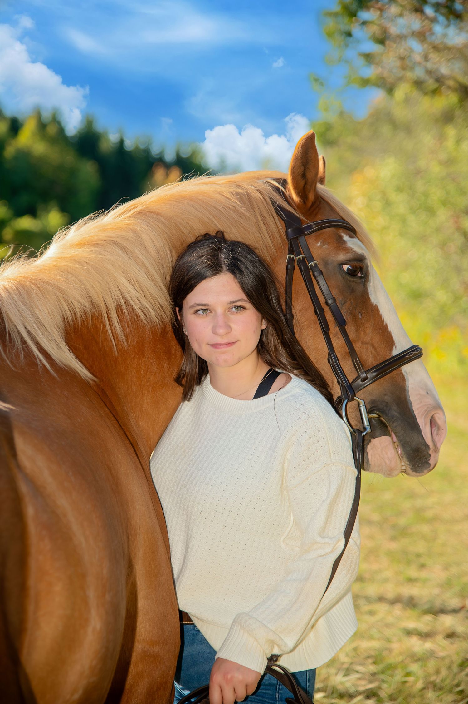 A chestnut horse and rider pose together against a sunny autumn background with golden foliage.