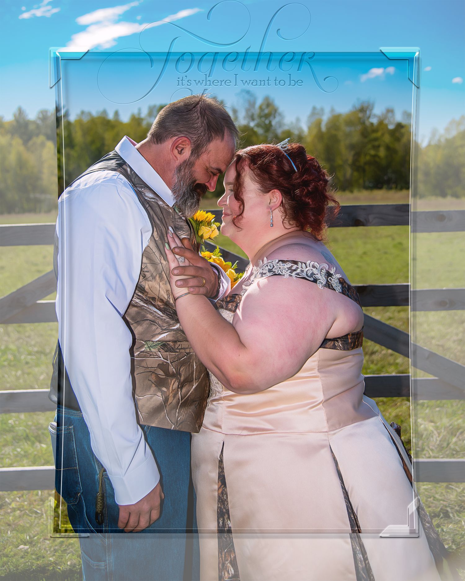 Wedding couple sharing intimate moment outdoors with rustic fence background.