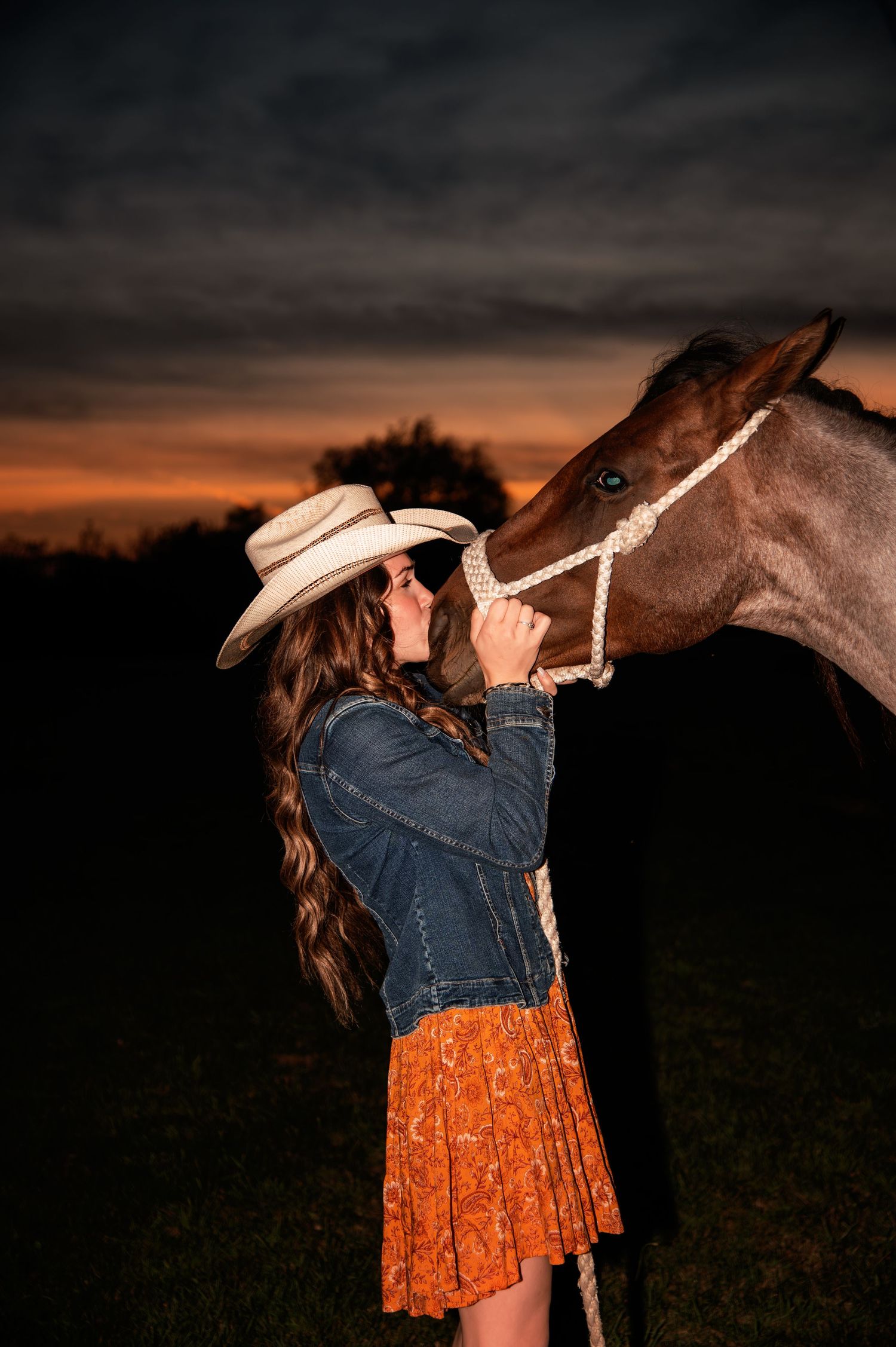 A horse and rider silhouetted against a dramatic sunset sky create a magical scene.
