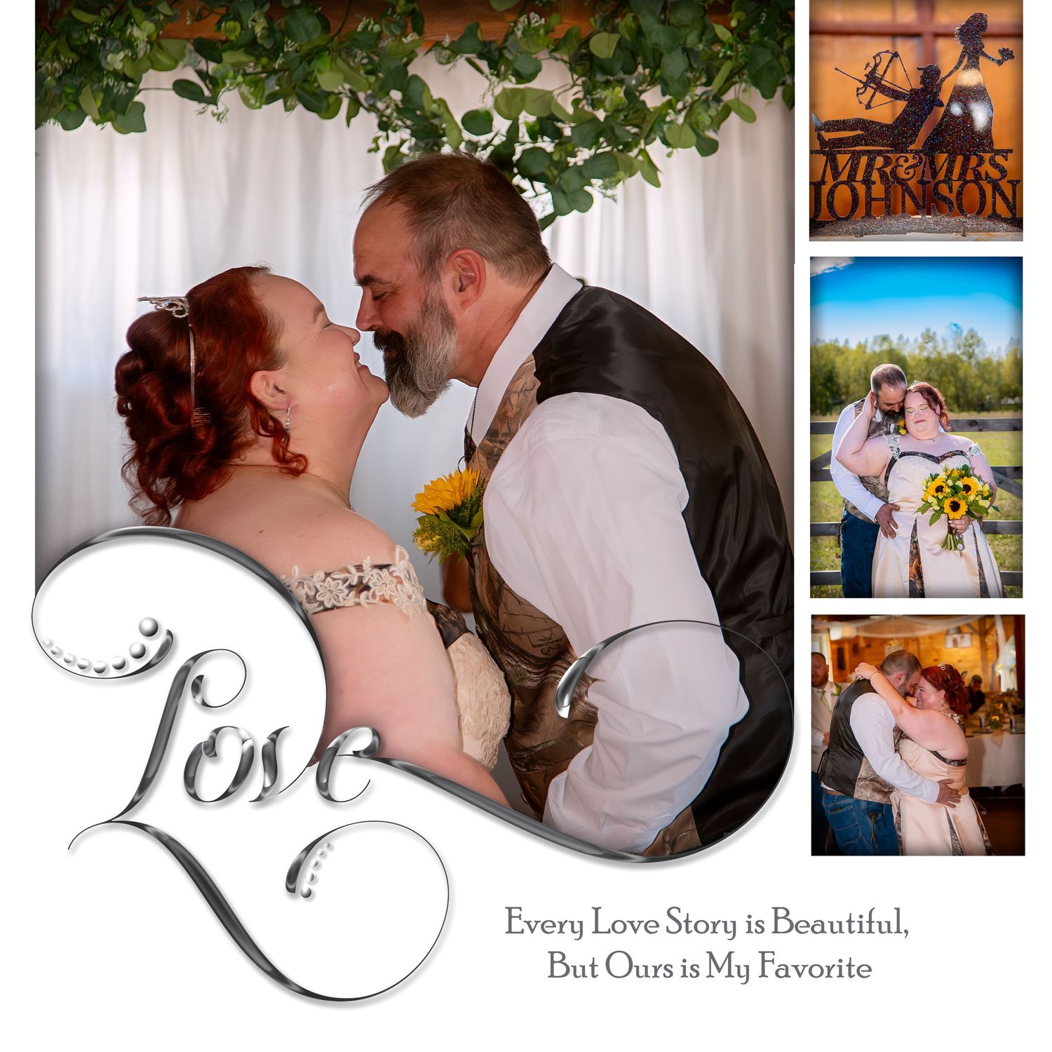 Wedding photo collage with decorative text 'Love' and romantic moments.