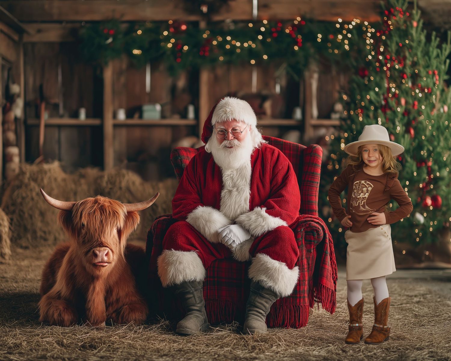 A festive Christmas scene with decorated evergreen trees and twinkling lights in a cozy indoor setting.