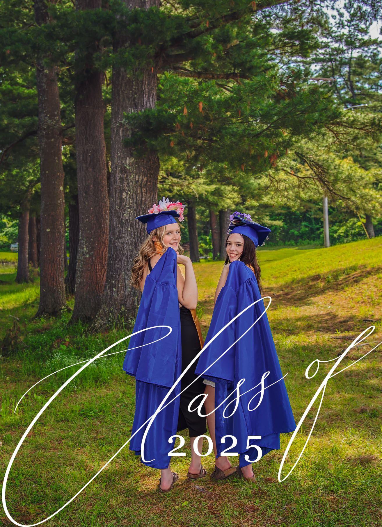 Graduates in blue robes pose under trees with 'Class of 2025' text overlay.
