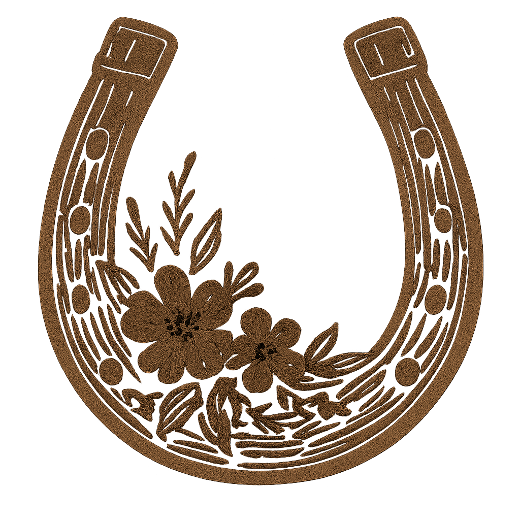 Decorative brown horseshoe pattern with floral accents and rustic design elements arranged in a repeating border.