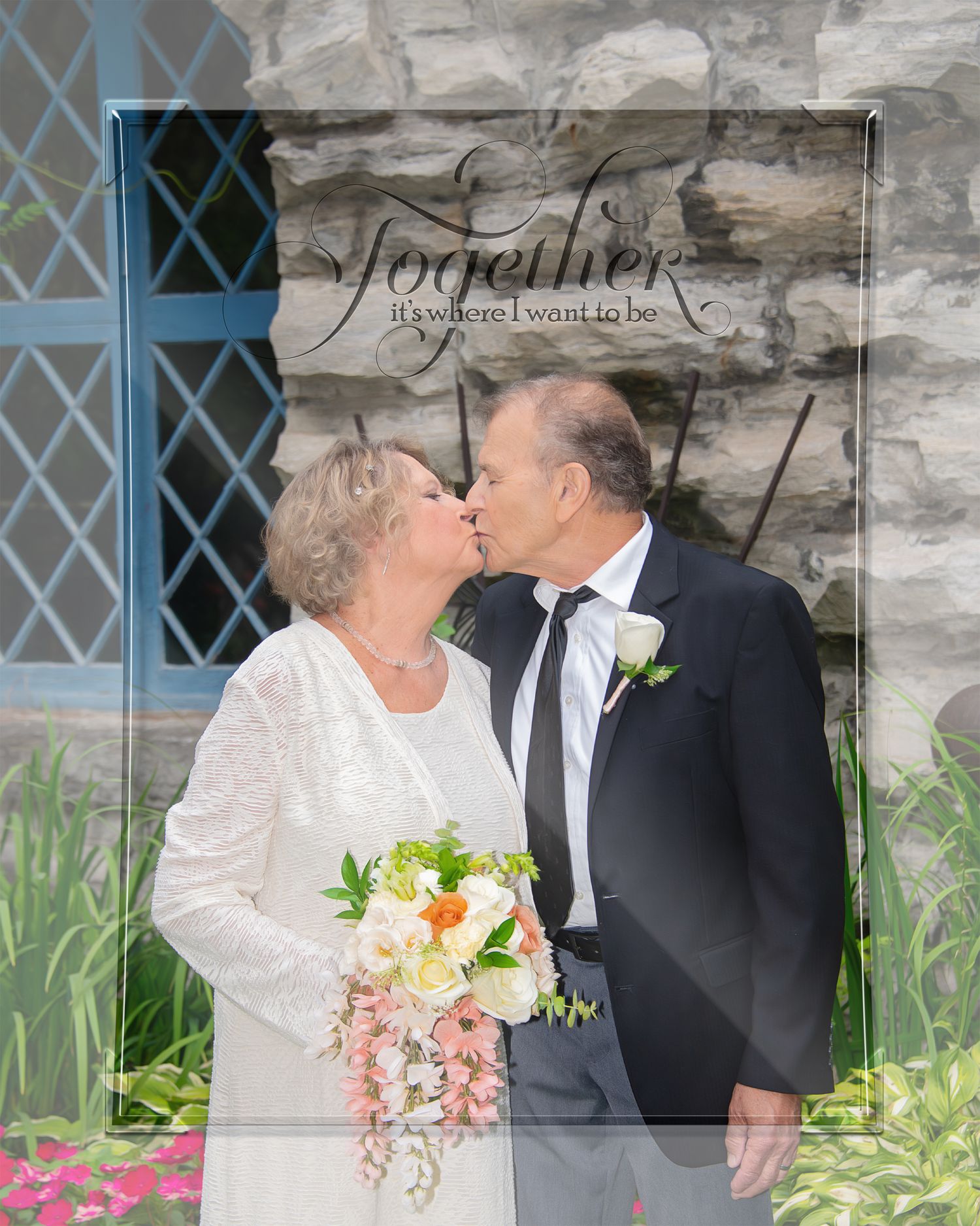 Wedding couple sharing romantic moments against stone wall with blue lattice windows.
