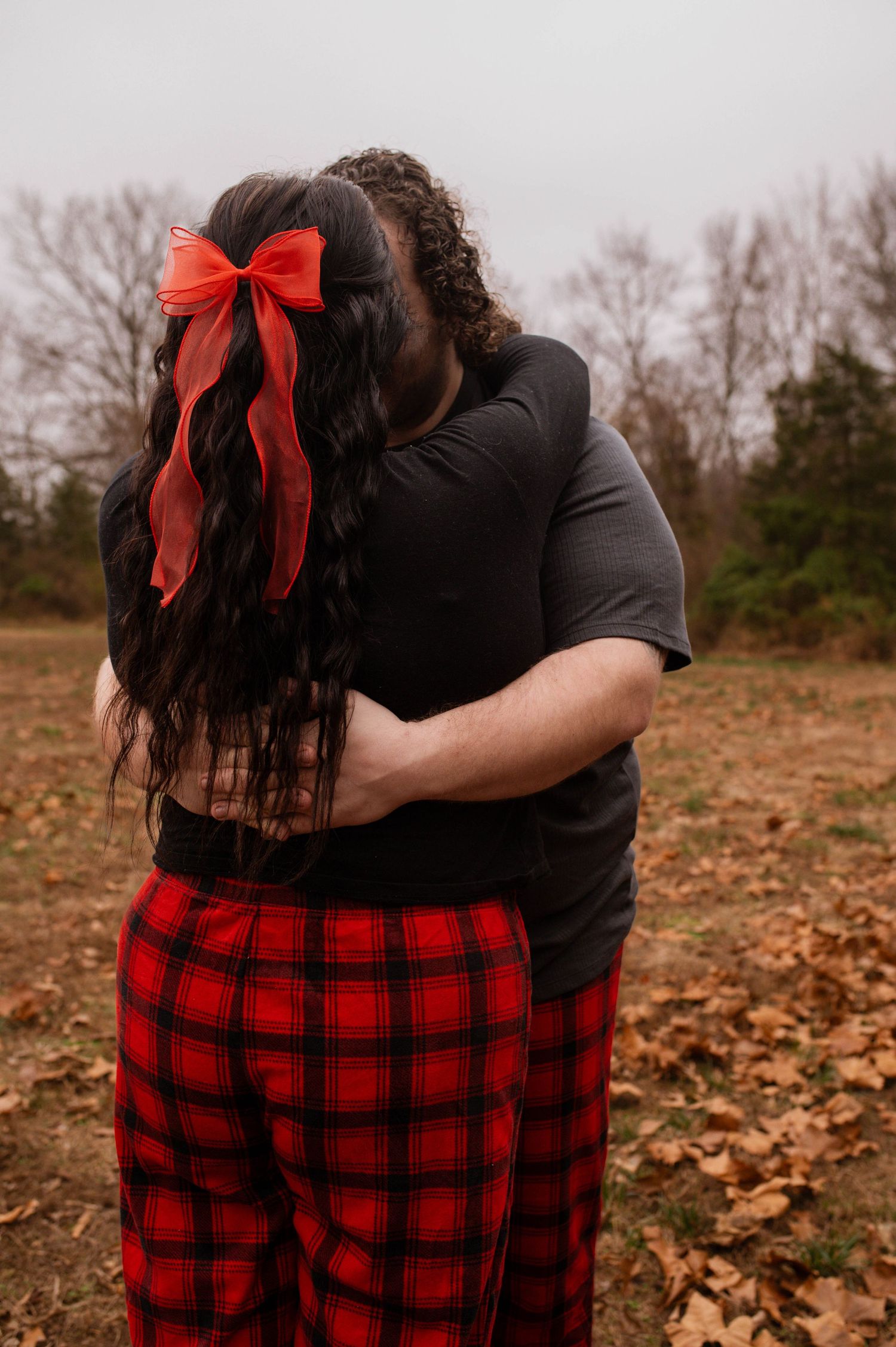A couple embracing.