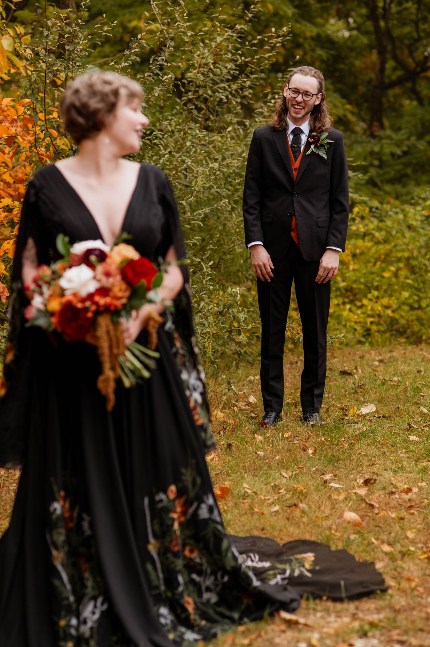 Bride looking back at groom