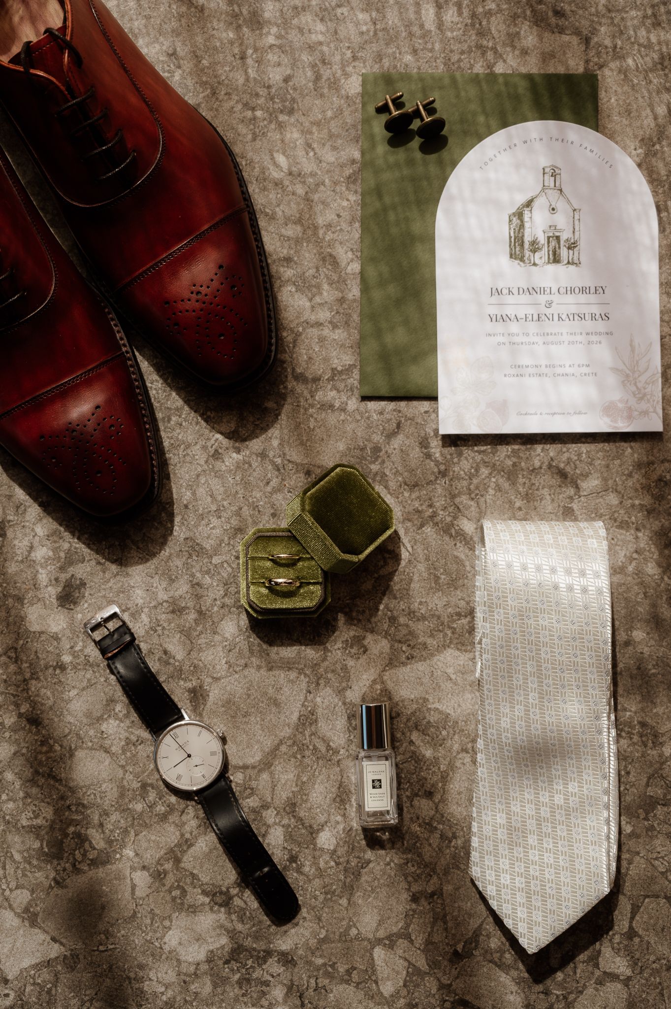 groom accessories flat lay documentary wedding photographer in Athens Crete Corfu Greece