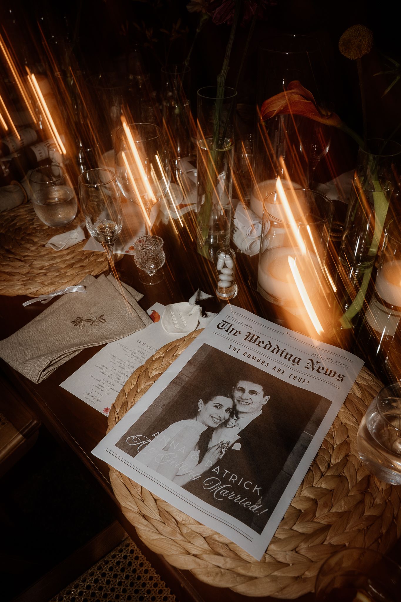 dinner table candles at night artful wedding photography in Athens Crete Corfu Greece