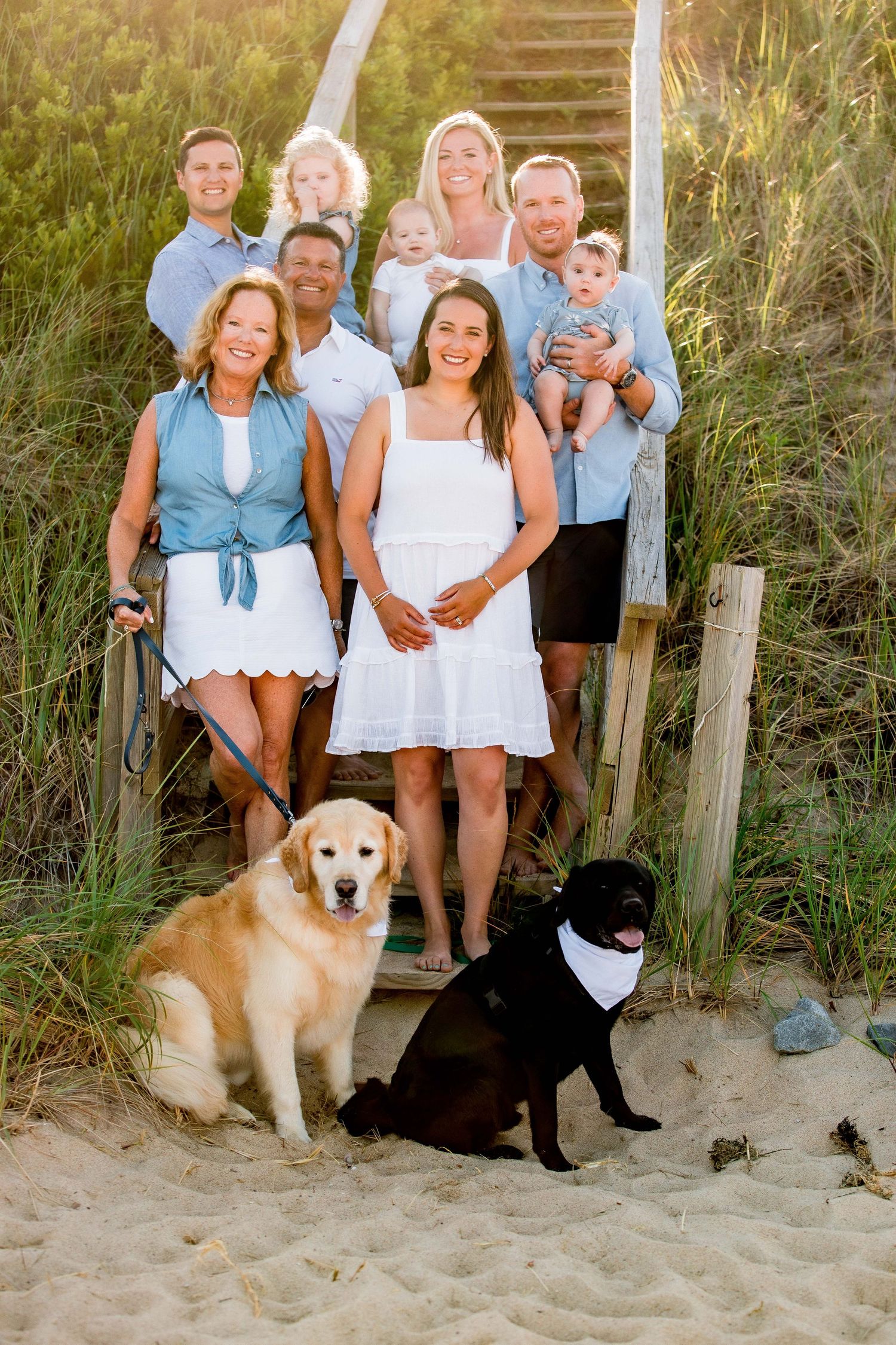 Extended family with two dogs posing on a Cape Cod beach boardwalk stairs at golden hour.