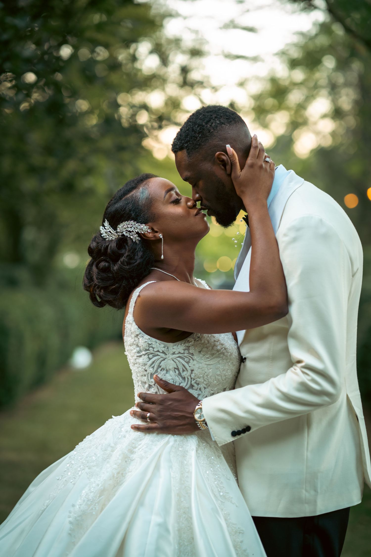 Candid wedding photography sequence showing loving embraces between newlyweds in a garden.