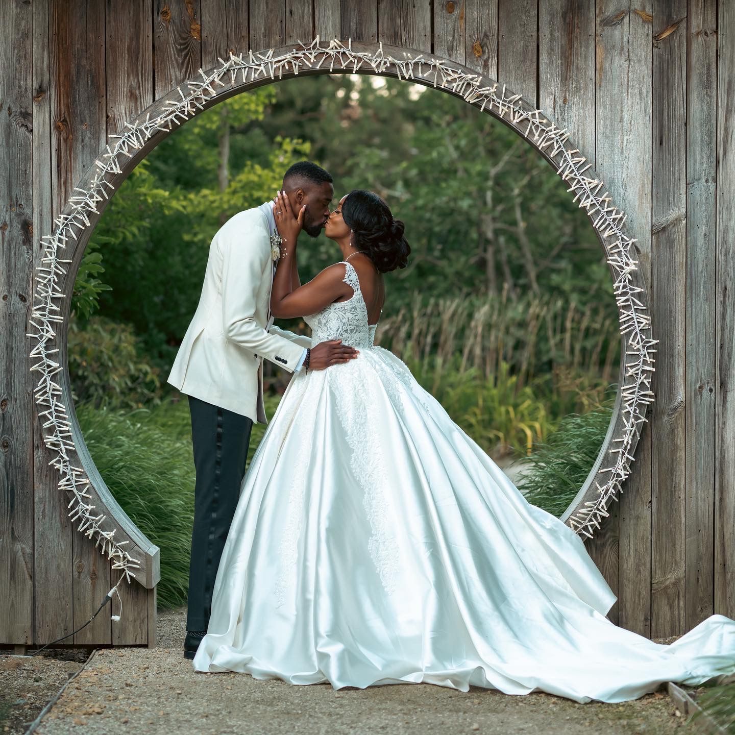 Wedding photo series through decorative circular frames against rustic wooden backdrop.