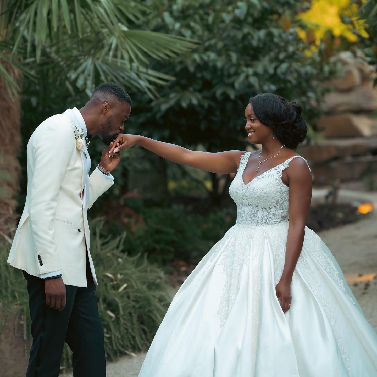 Beautiful wedding sequence featuring a flowing white ball gown in a garden setting.