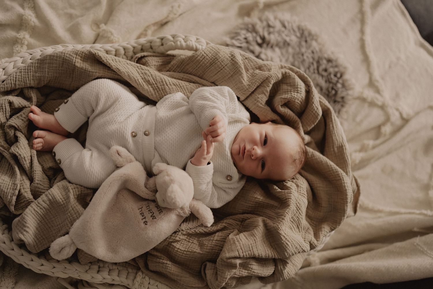 Peaceful newborn baby sleeping in white onesie surrounded by soft beige knit blankets with a plush toy.