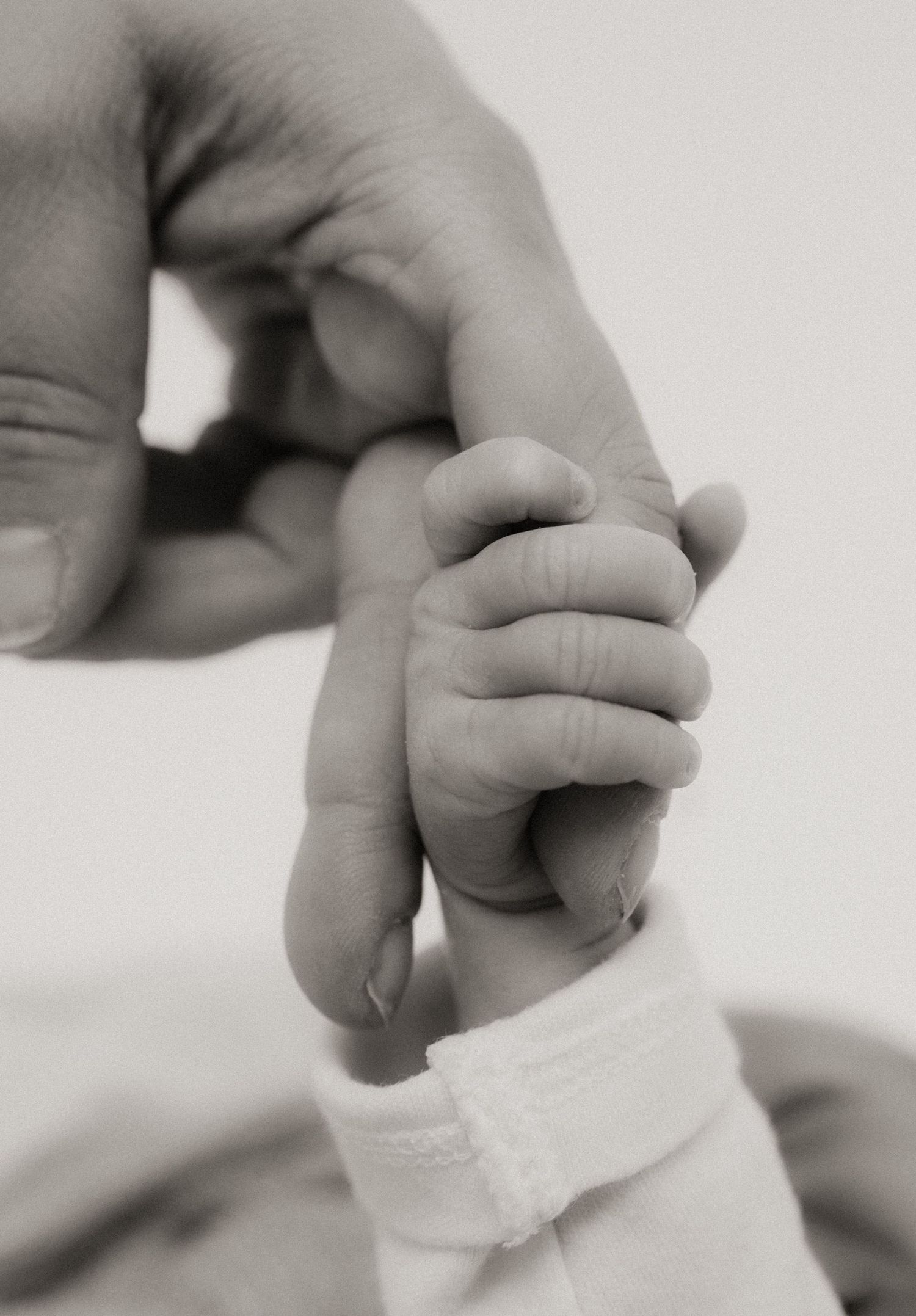 Black and white photo of a newborn baby grasping an adult finger, symbolizing new life and parental bond.