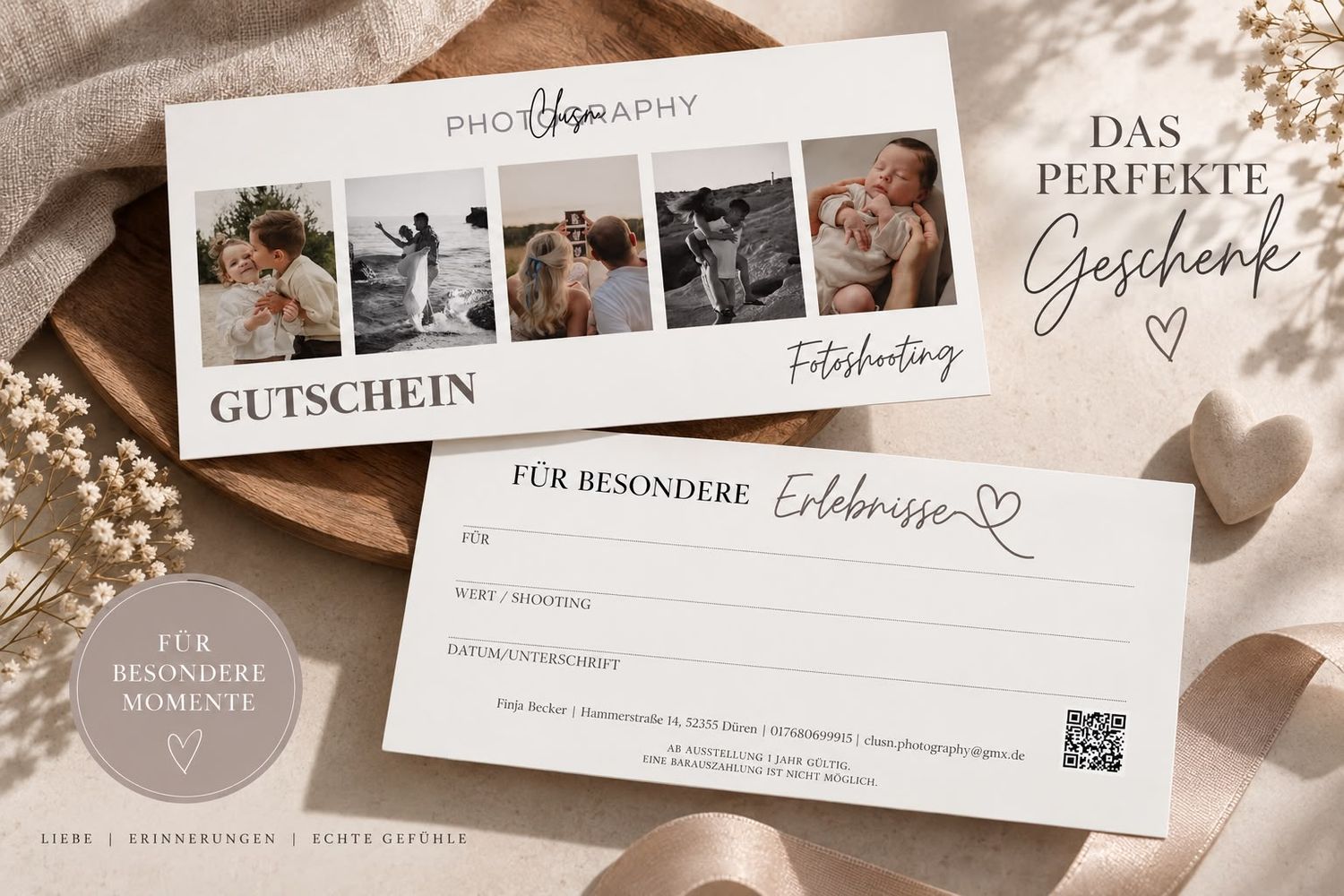 A German photography gift voucher with photo collage design, featuring elegant typography and QR code on beige background.