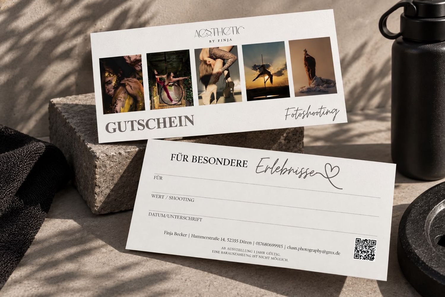 A gift voucher for a photoshooting session from Aesthetic Pictures, featuring elegant photos and German text on a white card.