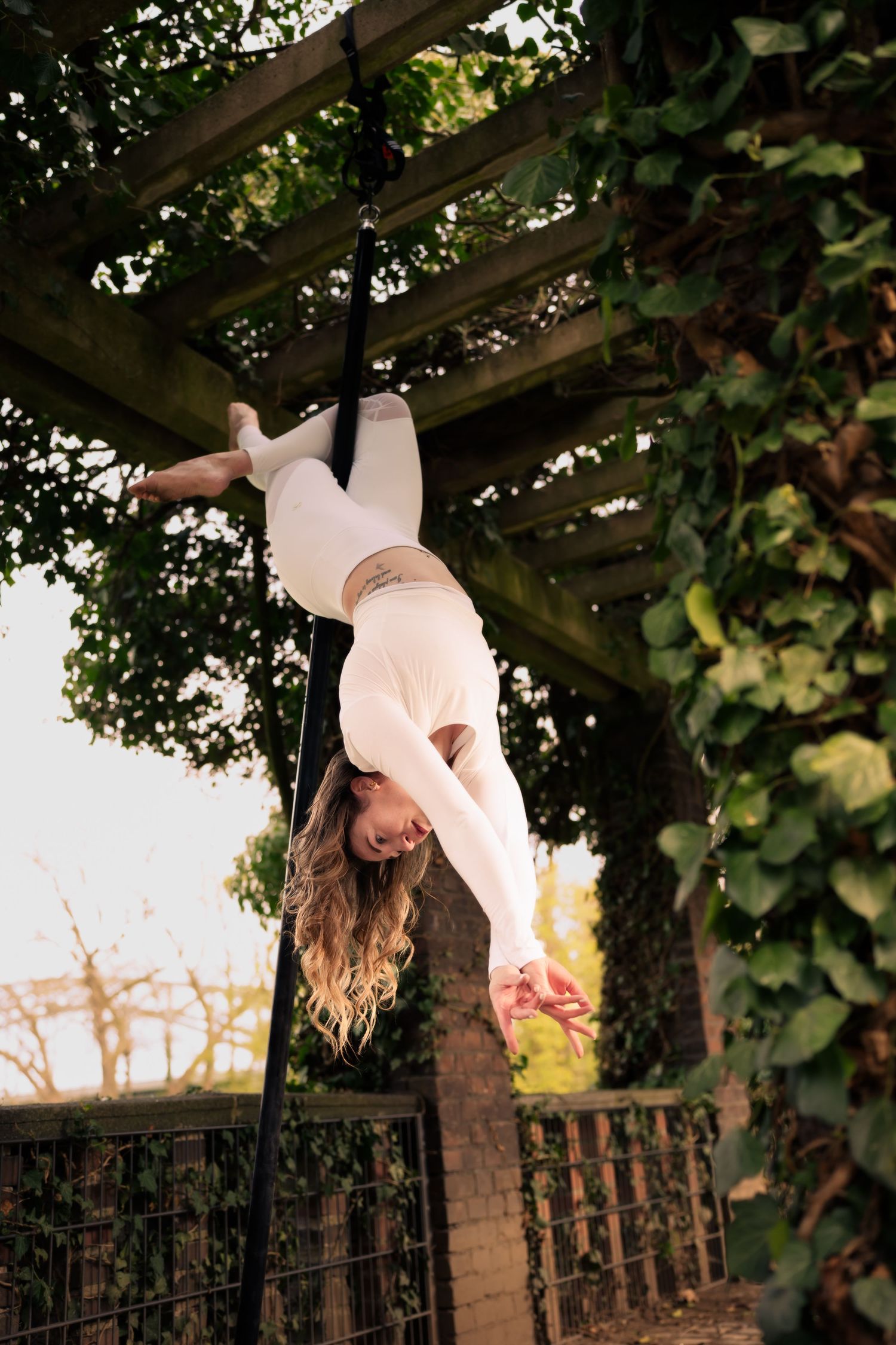 Flexible woman hanging upside down on aerial pole beneath green ivy-draped wooden pergola outdoors.
