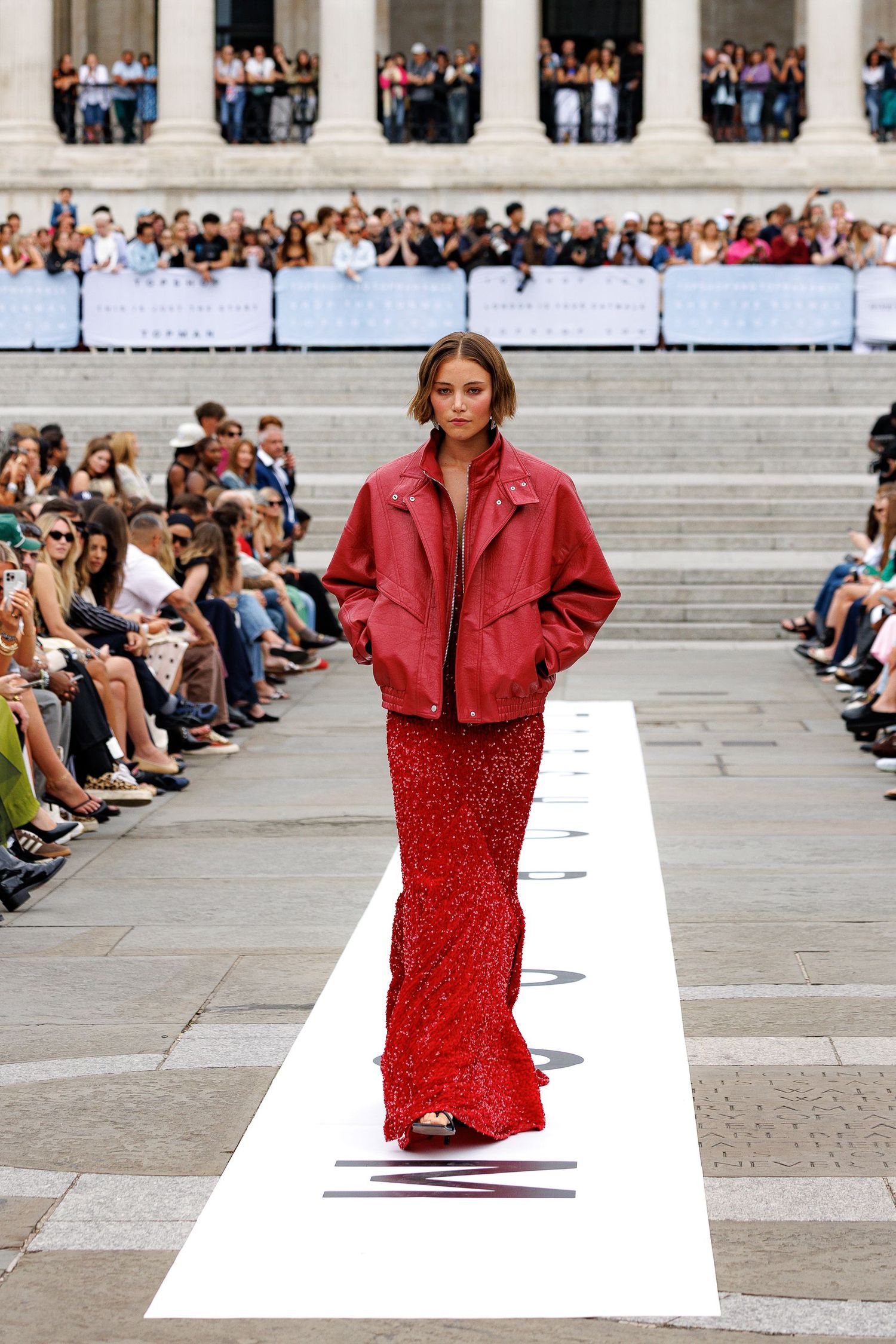 Professional fashion runway photography from the Topshop & Topman 2025 relaunch event in Trafalgar Square, captured by Farheen Shaikh