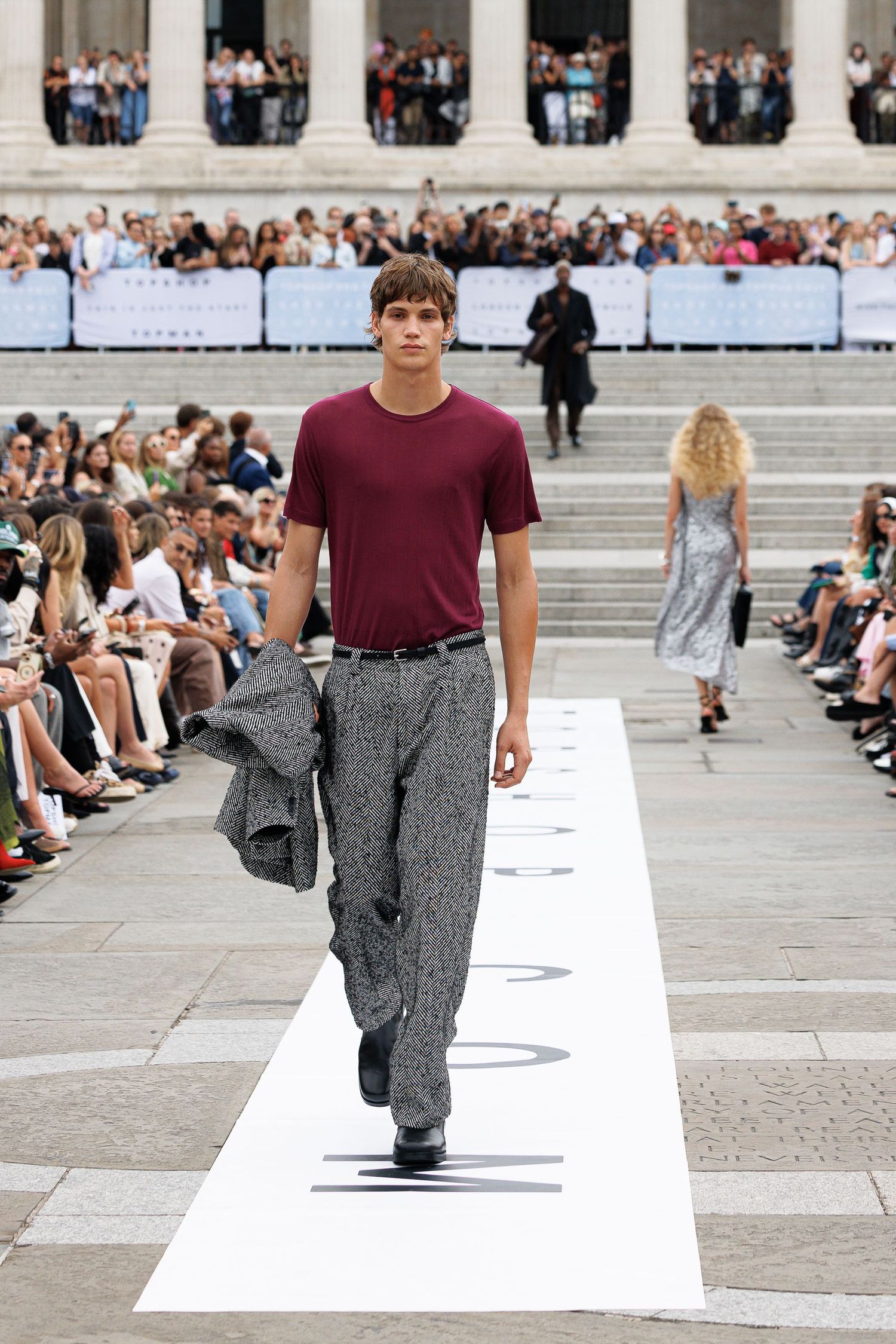 Professional fashion runway photography from the Topshop & Topman 2025 relaunch event in Trafalgar Square, captured by Farheen Shaikh
