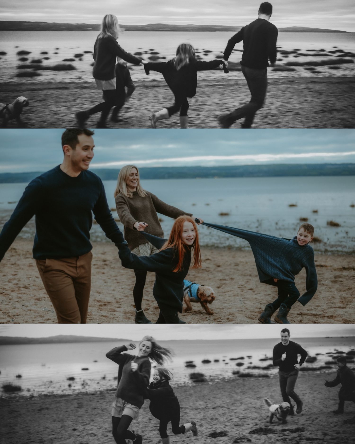 Collage of a family playing and running together on a beach with their dog.