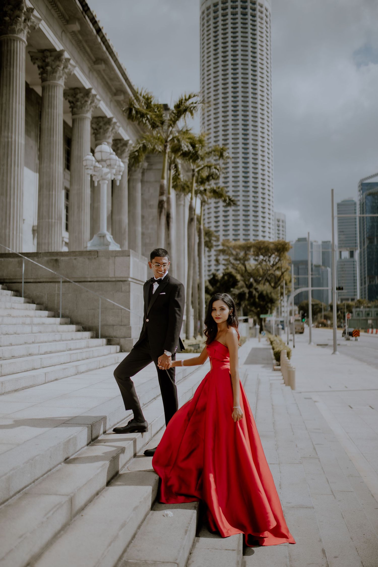 Couple portrait in urban architecture setting, modern pre wedding Singapore