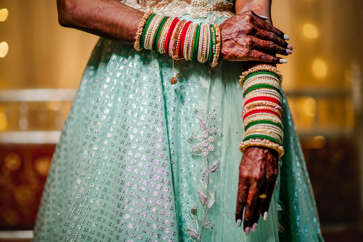 Close-up of bridal bangles and jewellery detail, Indian wedding accessories