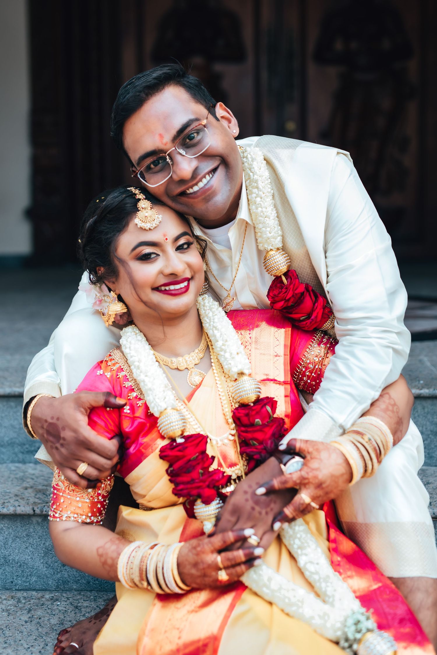 Joyful temple wedding couple portrait, candid traditional moment Singapore