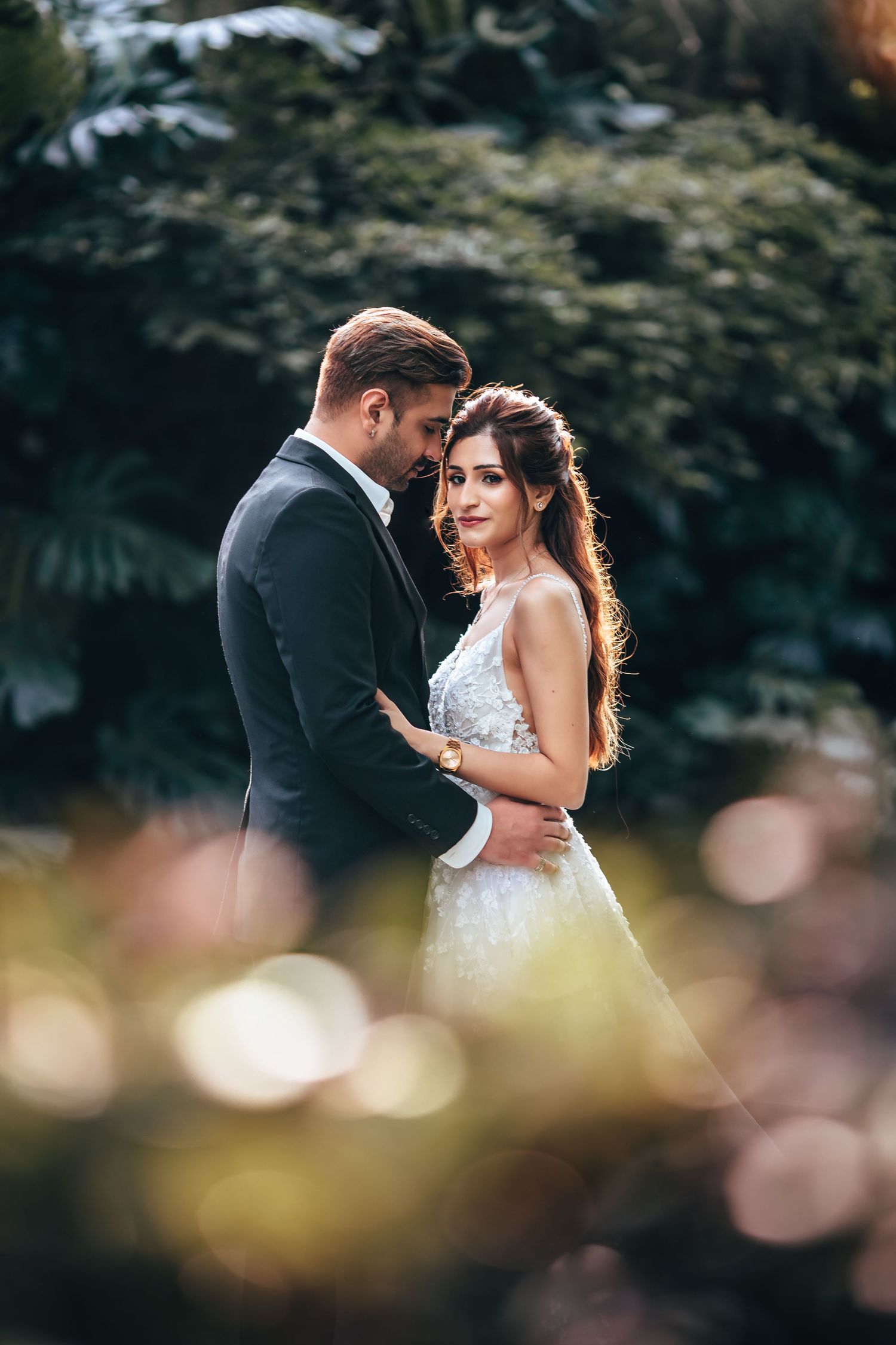 Couple portrait with soft bokeh background, cinematic pre wedding Singapore