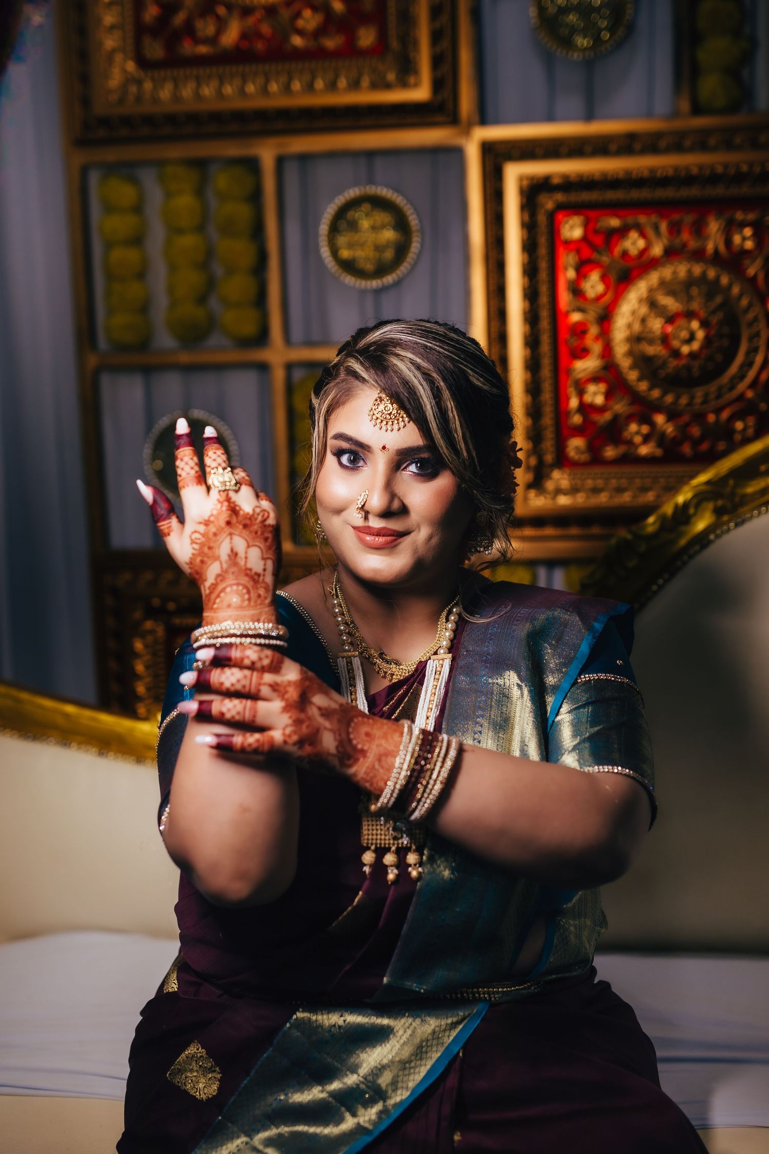 Bride portrait during engagement ceremony with jewellery, elegant photography