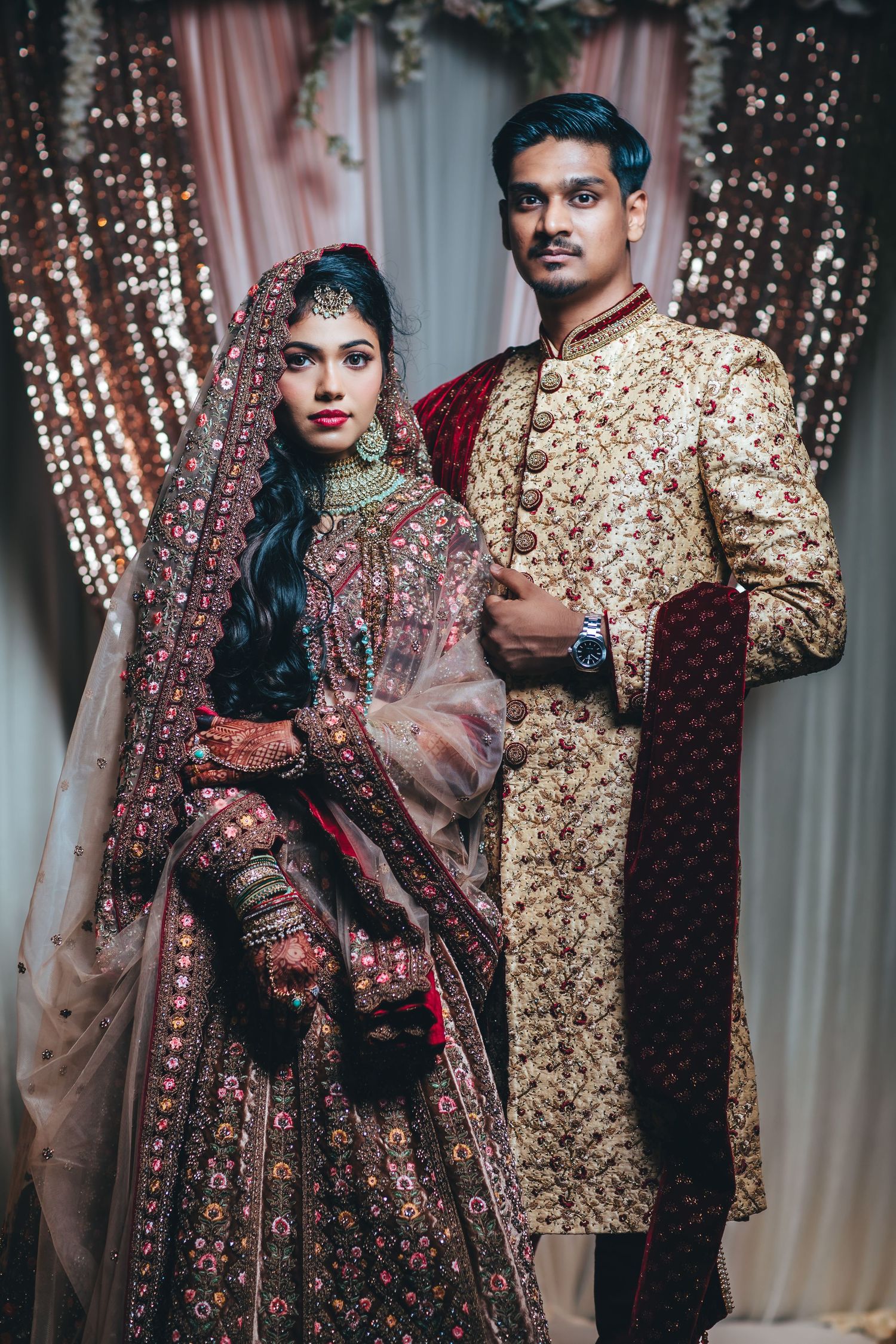 Indian Muslim wedding couple portrait in traditional attire, nikah ceremony Singapore